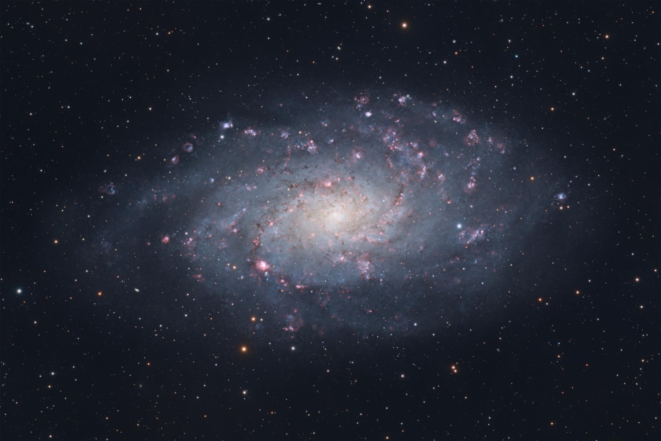 A face-on spiral galaxy filling most of the frame, its pale blue arms unwinding from a soft yellow-white core and studded with dozens of small pink knots of star formation.