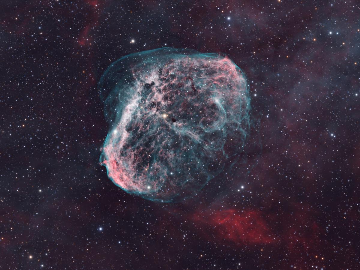 Close-up of the Crescent Nebula, its filamentary shell of hydrogen and oxygen emission set against deeper red hydrogen